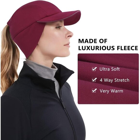 〽️Women\'s Wine Red Winter Reflective Fleece Ponytail Hat with Ear Warmers main image 5